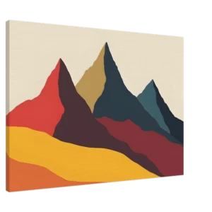 Minimalist abstract mountain landscape in warm and cool hues with a vibrant yellow foreground.