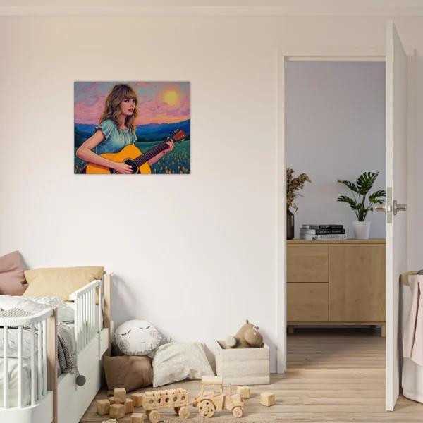 Cozy nursery with a crib, playful decor, and vibrant Taylor Swift guitar artwork for childrens inspiration.